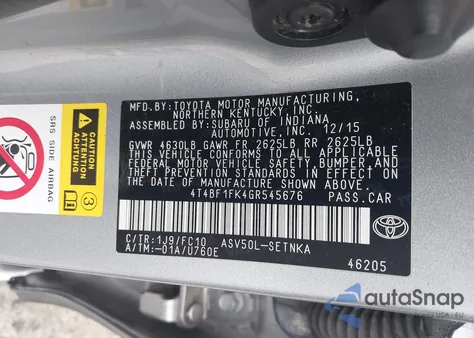 2016 Toyota Camry Le z USA, uszkodzony, nr VIN 4T4BF1FK4GR545676